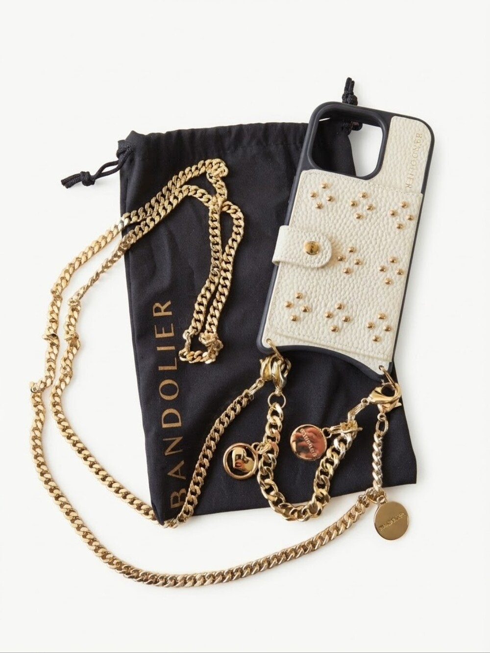 NWT Bandolier Hailey Studded iPhone 15 Pro Case Gold Crossbody Strap + Wrist Cha